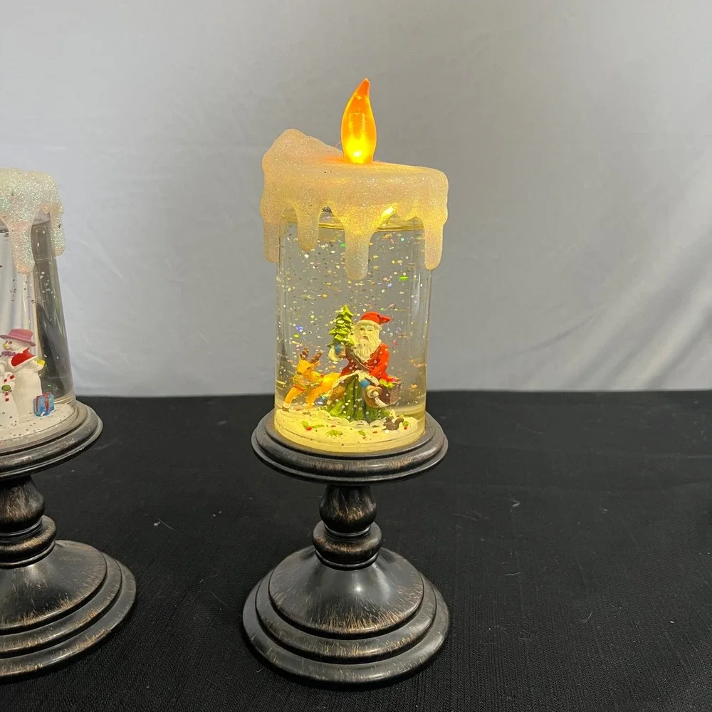 Set of‎ 2 Christmas Snow Globe LED Candles Santa Snowman Pedestal 10.5 Inch